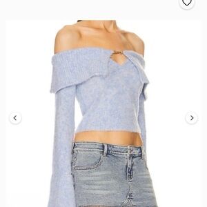 cult gaia Light Blue Off-the-Shoulder Fuzzy Crop Sweater